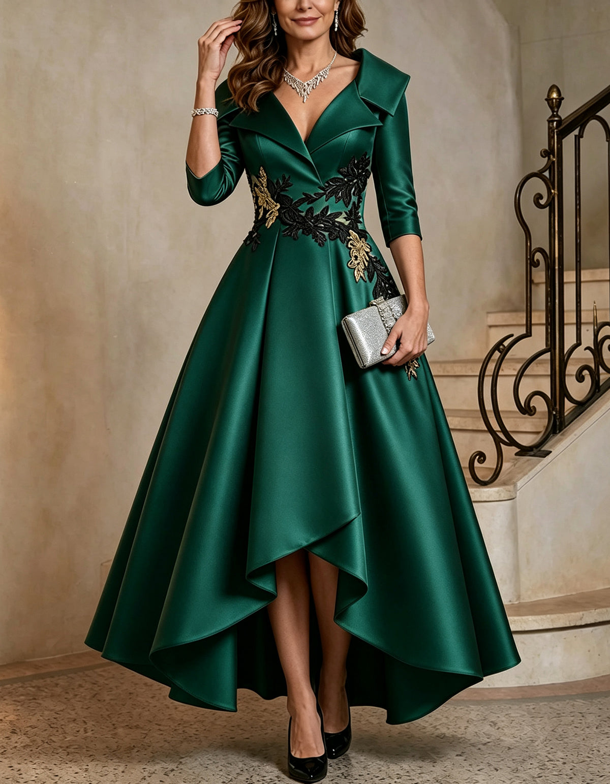 Satin V Neck 3/4 Sleeve Lapel High Low Maxi Dress