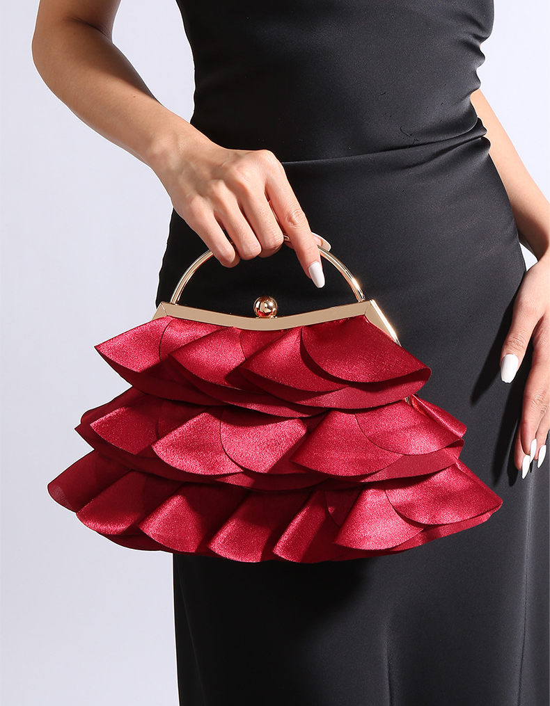 Burgundy Satin Ruffled Petal Evening Handbag With Chain Strap For Women Party Dress