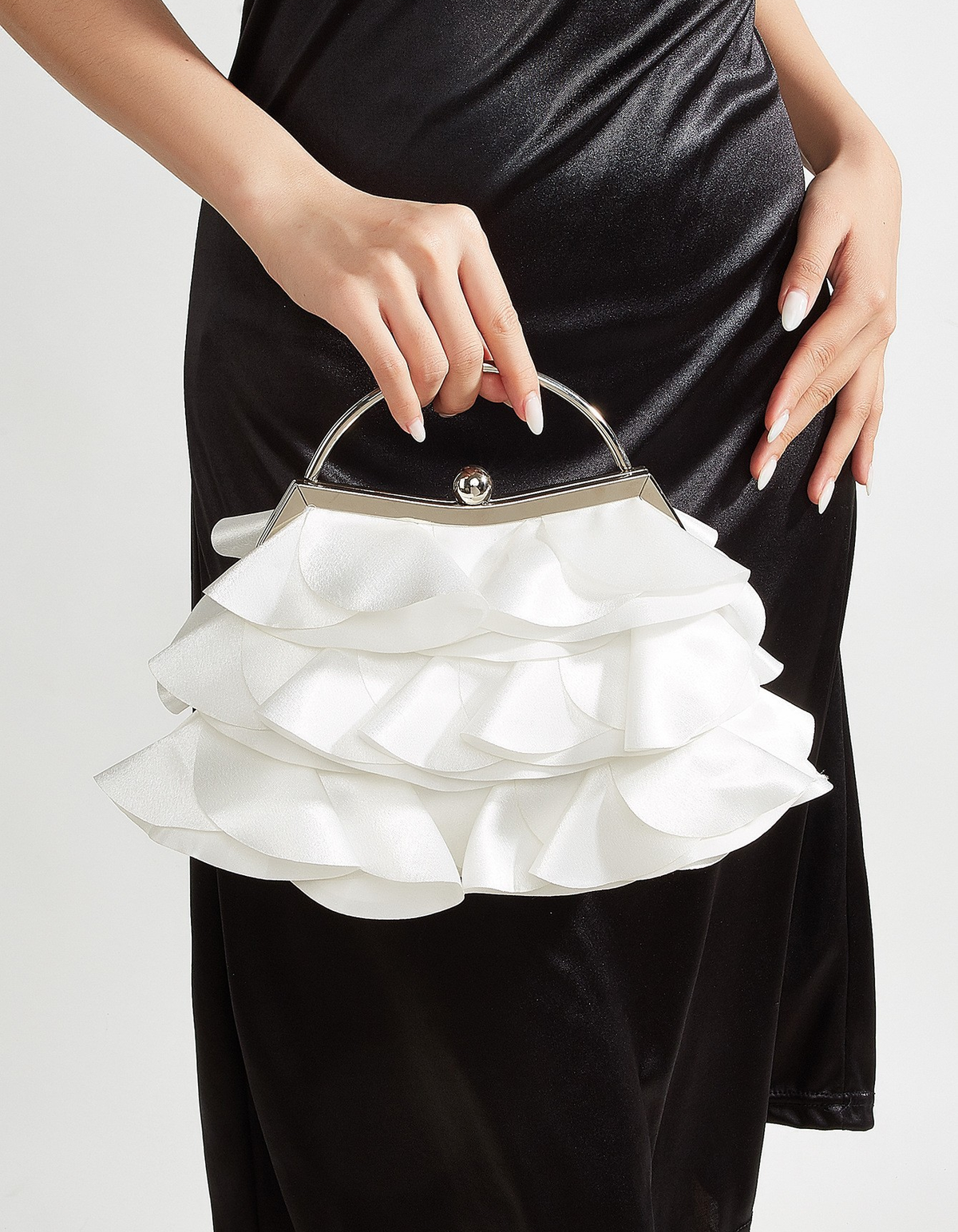 Burgundy Satin Ruffled Petal Evening Handbag With Chain Strap For Women Party Dress