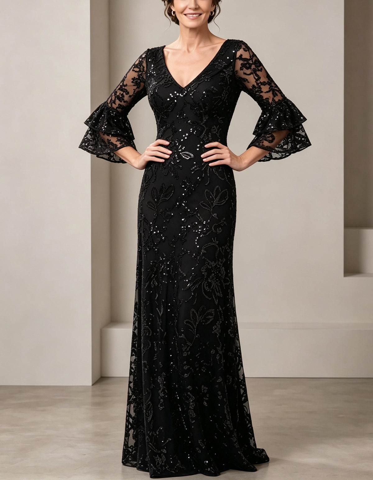 Black Sequin Lace Ruffle Sleeve A Line Maxi Dress