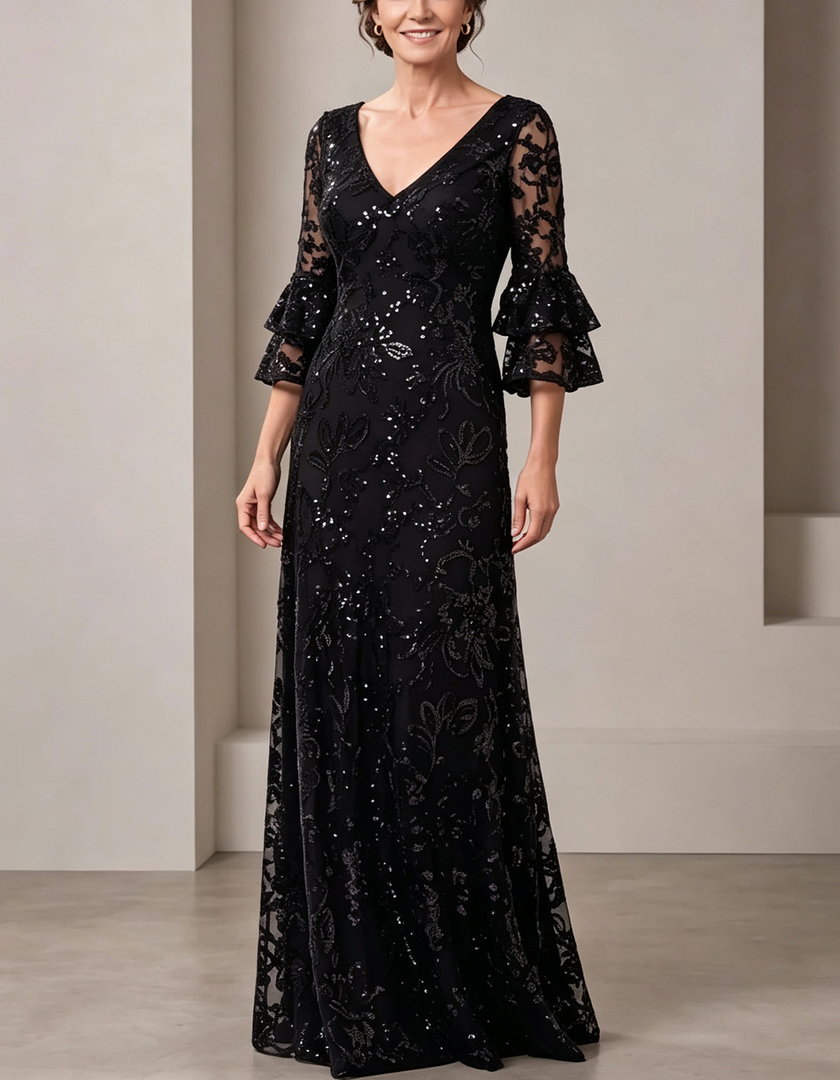 Black Sequin Lace Ruffle Sleeve A Line Maxi Dress