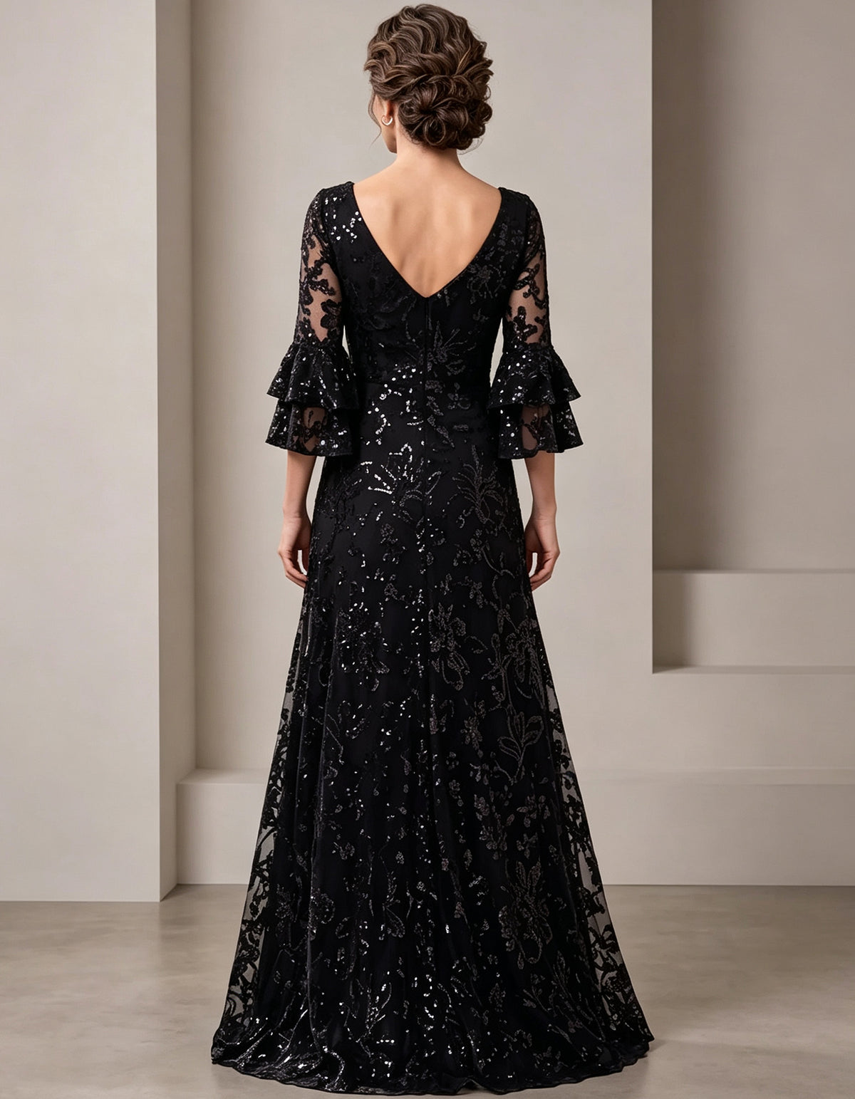 Black Sequin Lace Ruffle Sleeve A Line Maxi Dress
