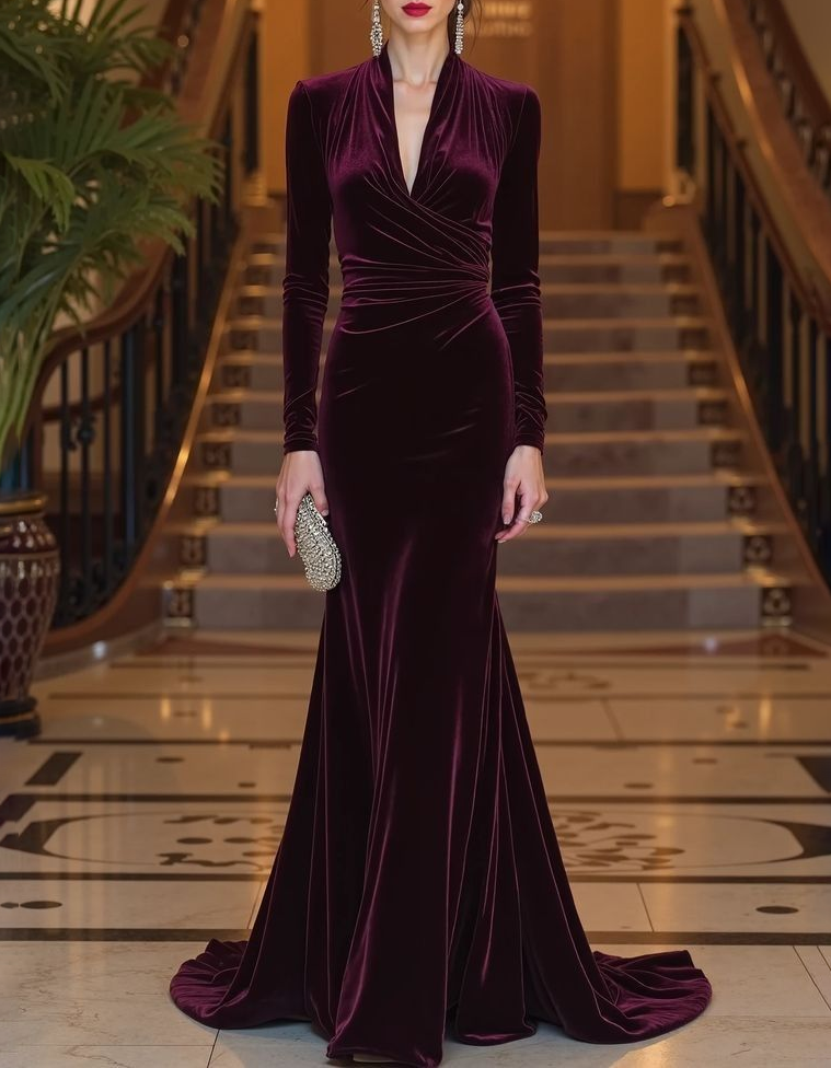 V-Neck Velvet Long Sleeve Mermaid Formal Maxi Dress