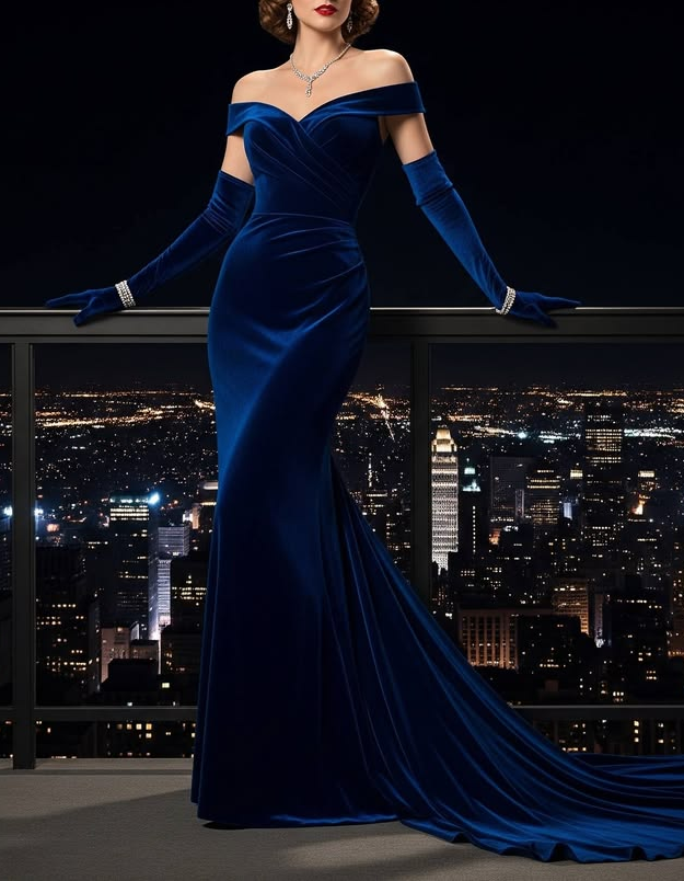 Off The Shoulder Velvet Ruched Waist Mermaid Evening Maxi Dress
