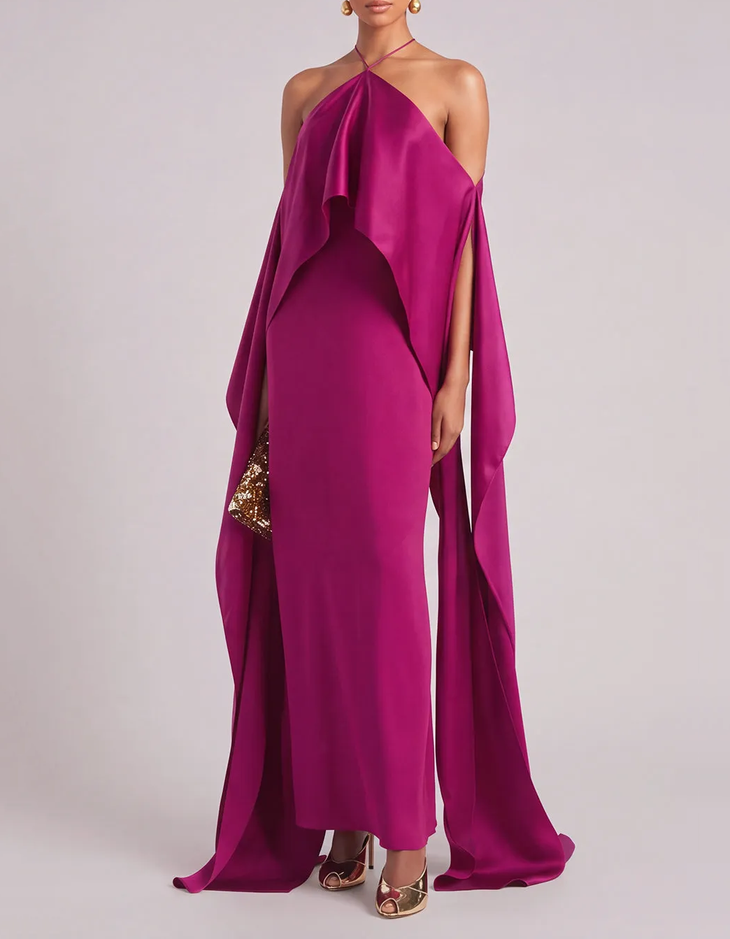 Halter Satin Off-Shoulder Flowy Formal Maxi Dress