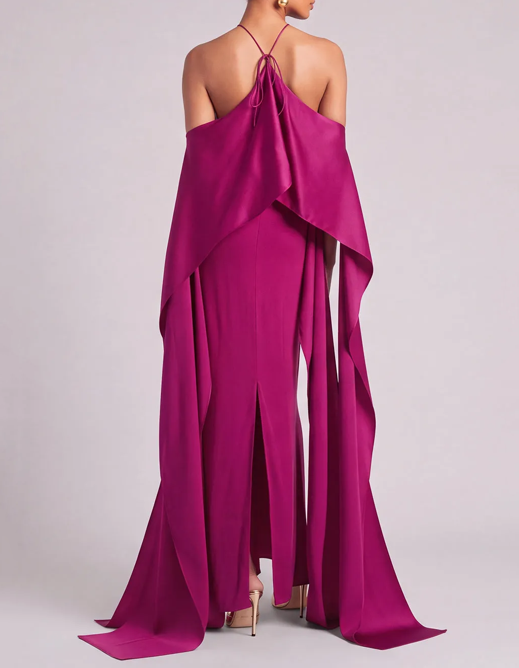 Halter Satin Off-Shoulder Flowy Formal Maxi Dress