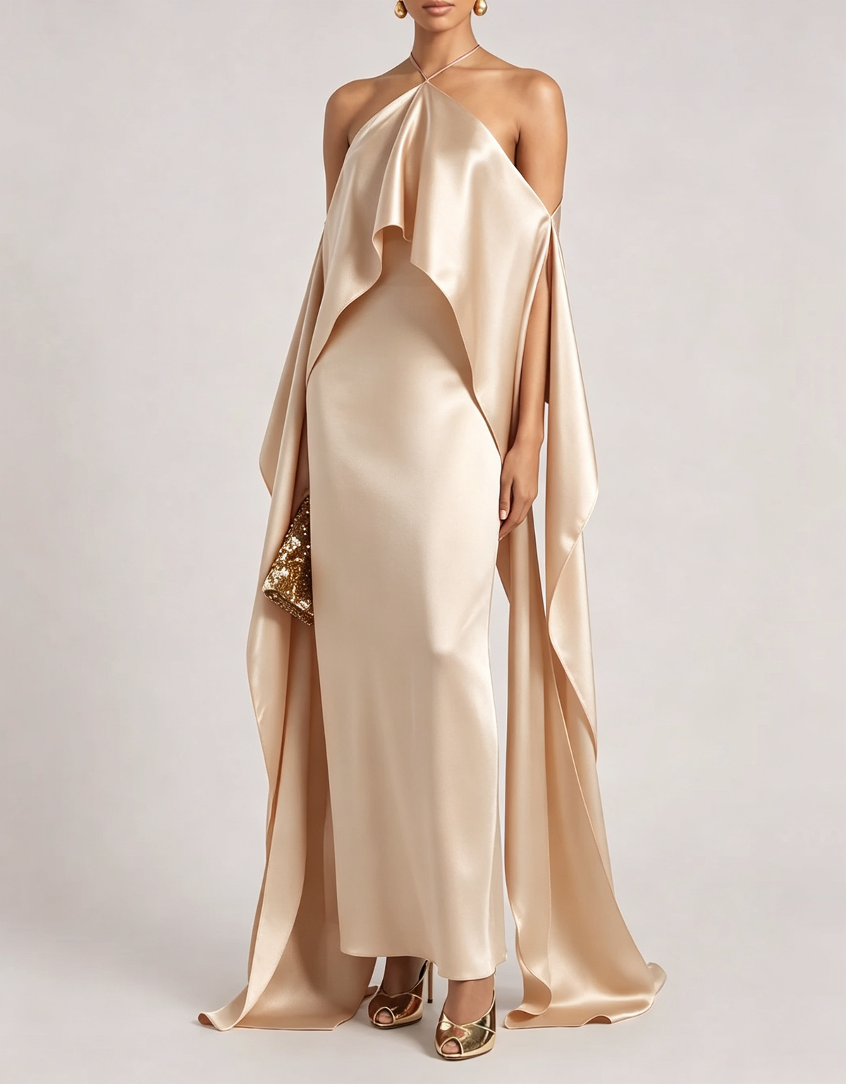 Halter Satin Off-Shoulder Flowy Formal Maxi Dress