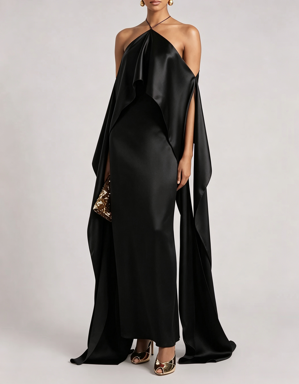 Halter Satin Off-Shoulder Flowy Formal Maxi Dress