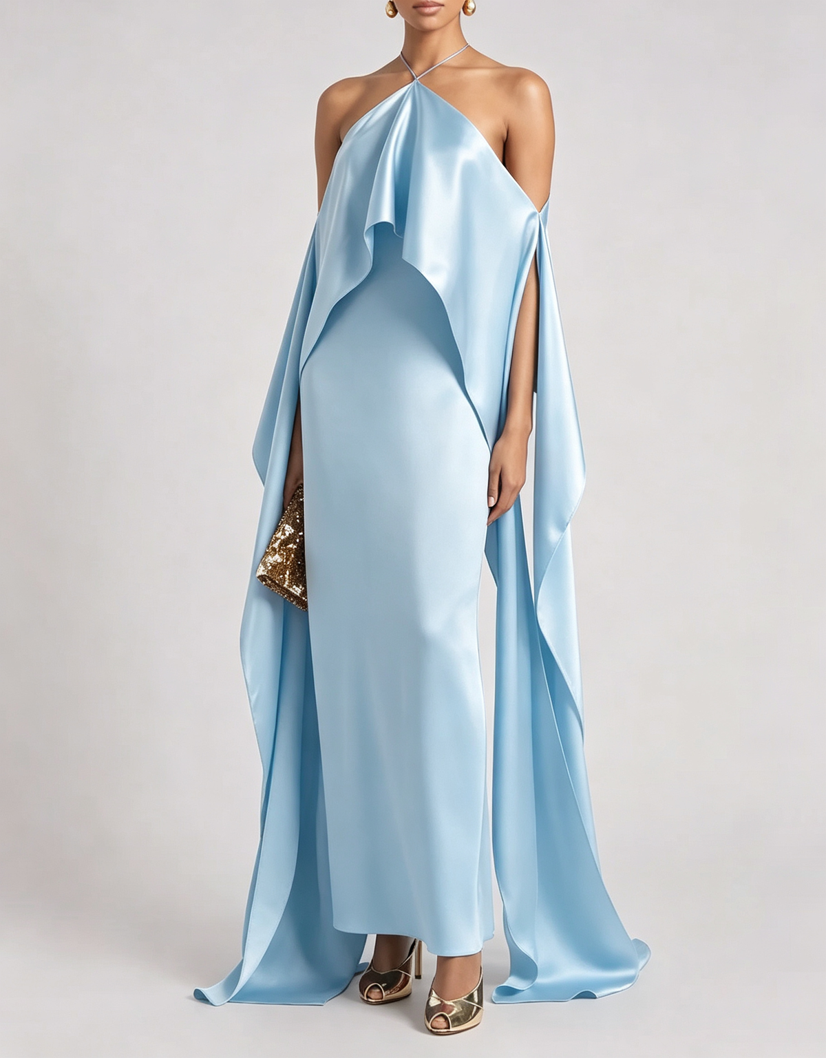 Halter Satin Off-Shoulder Flowy Formal Maxi Dress