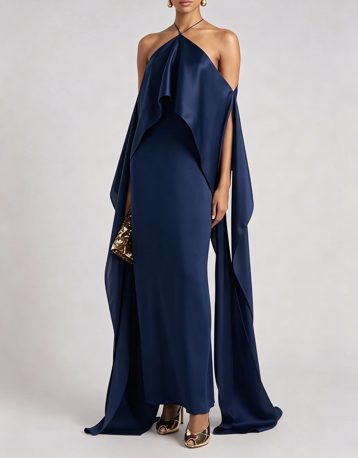 Halter Satin Off-Shoulder Flowy Formal Maxi Dress
