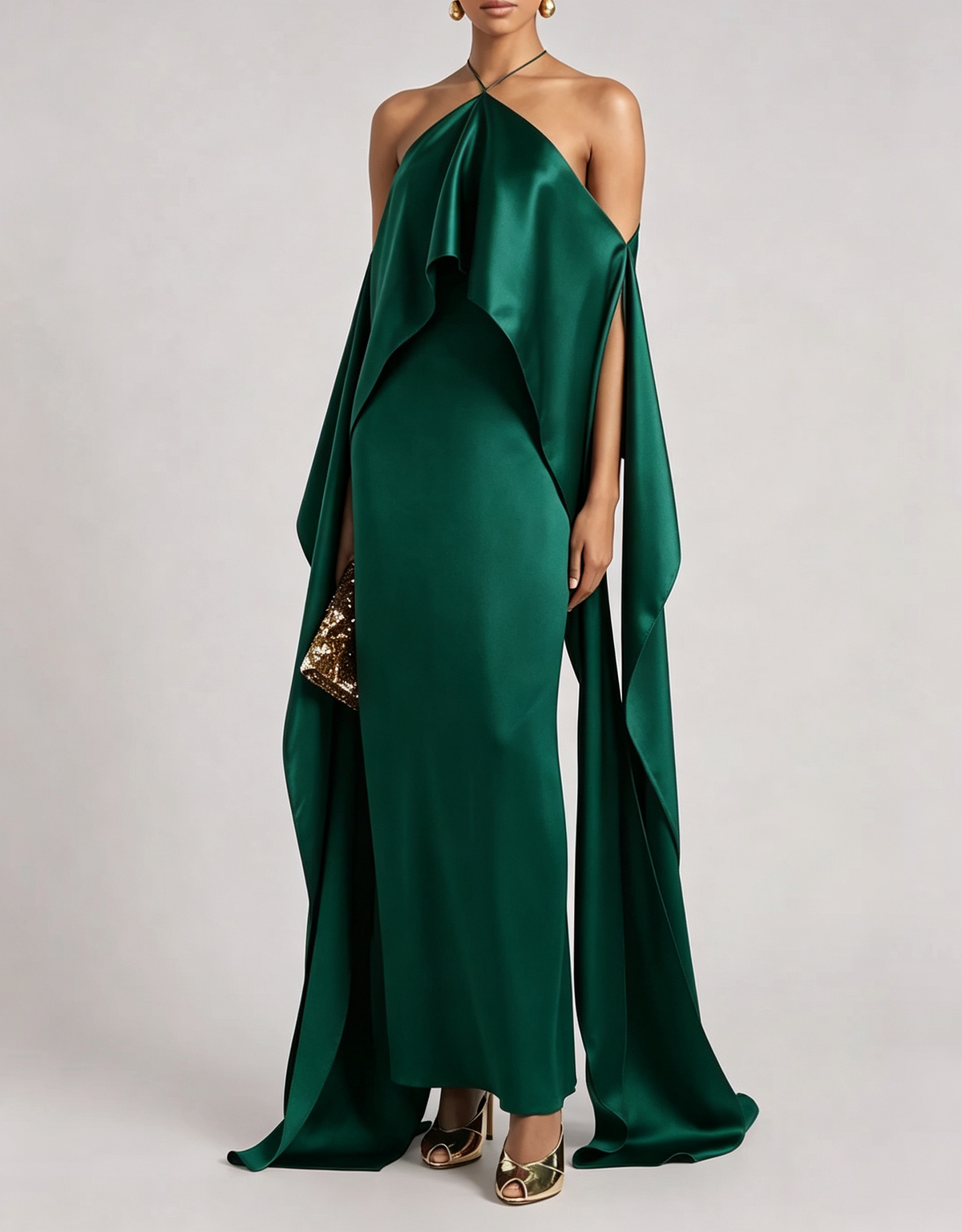 Halter Satin Off-Shoulder Flowy Formal Maxi Dress