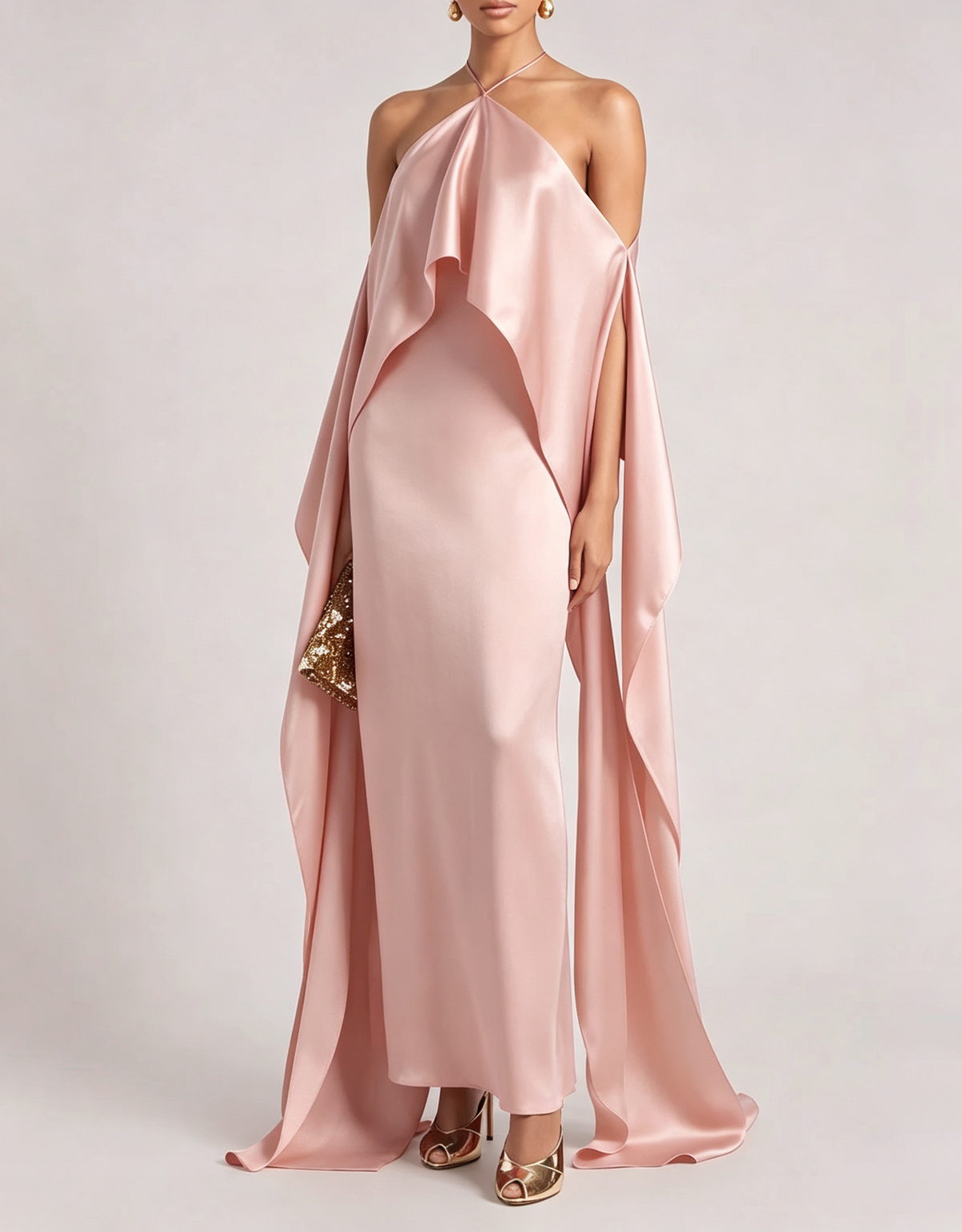 Halter Satin Off-Shoulder Flowy Formal Maxi Dress