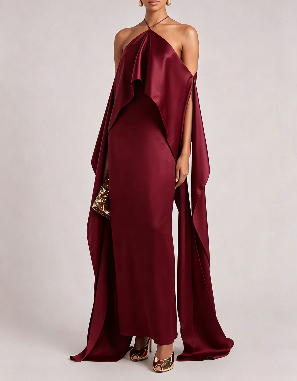 Halter Satin Off-Shoulder Flowy Formal Maxi Dress