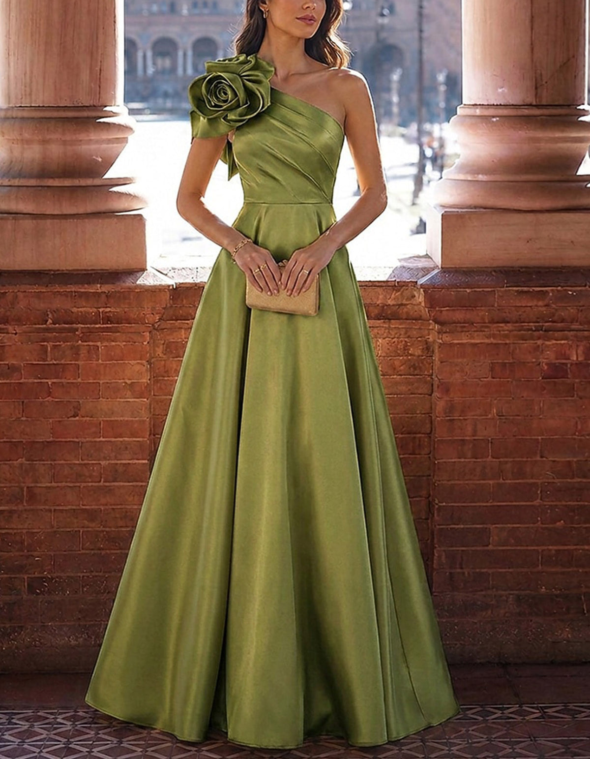 Solid Color Satin One Shoulder Design With 3D Floral  Maxi Dress