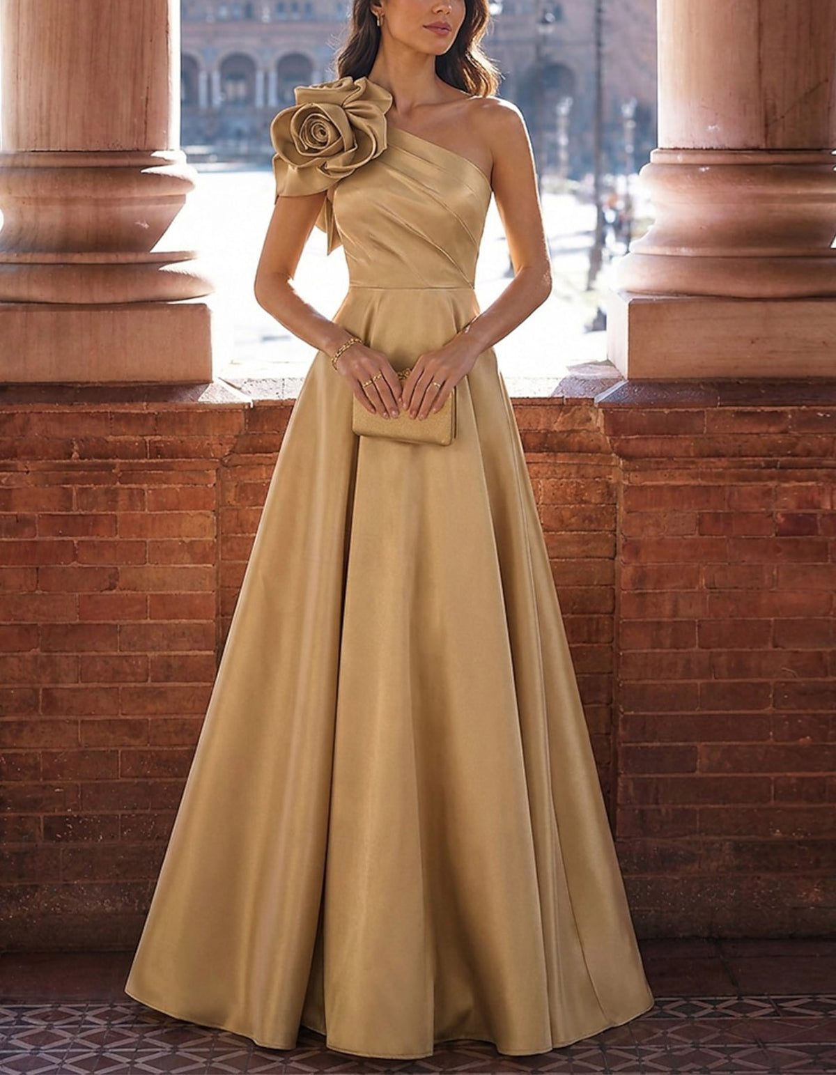 Solid Color Satin One Shoulder Design With 3D Floral  Maxi Dress