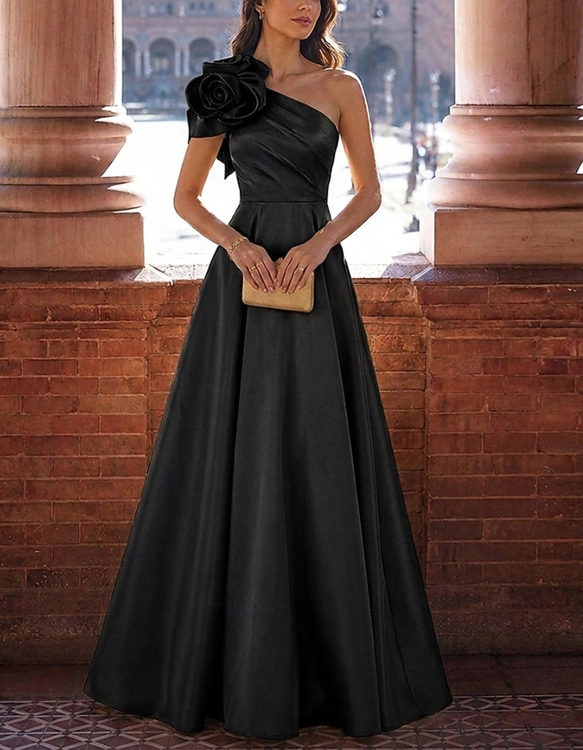 Solid Color Satin One Shoulder Design With 3D Floral  Maxi Dress