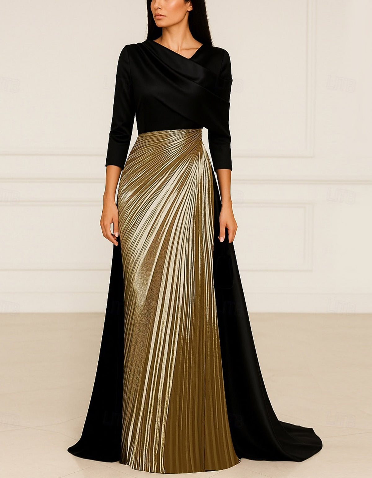 Color Block Draped Neck Three Quarter Sleeve Maxi Dress