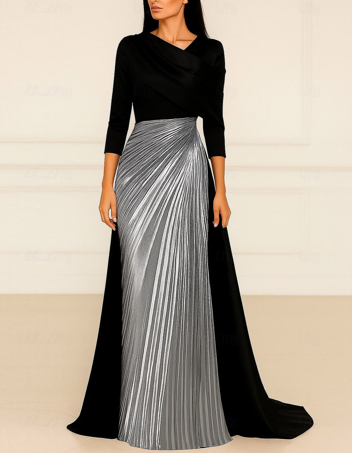 Color Block Draped Neck Three Quarter Sleeve Maxi Dress