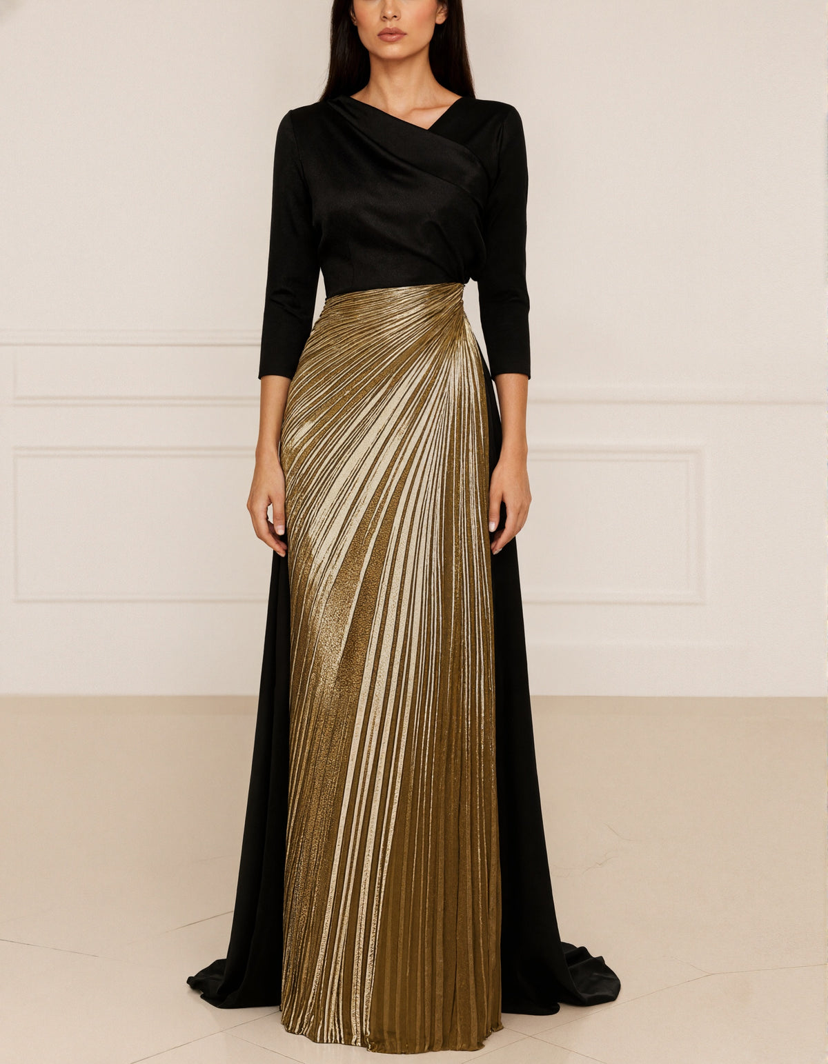 Color Block Draped Neck Three Quarter Sleeve Maxi Dress