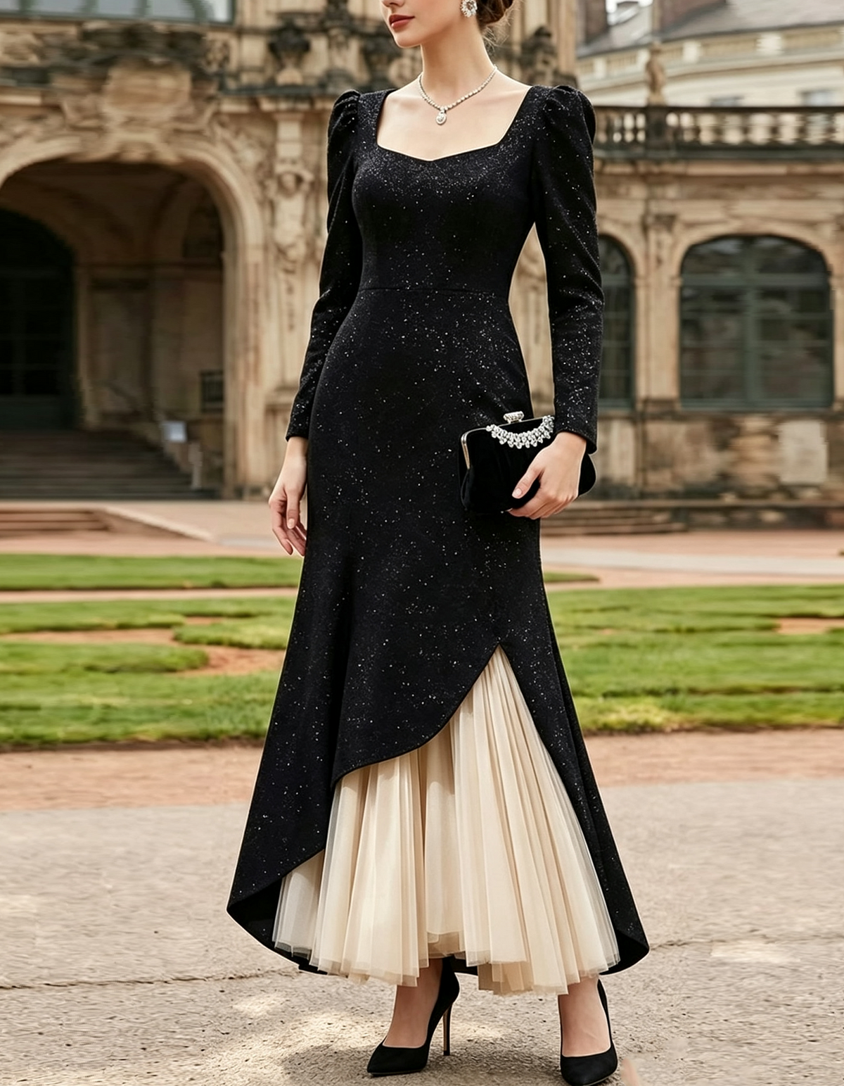 Black Square-neck Long-sleeve Velvet Top With Subtle Shimmer Maxi Dress