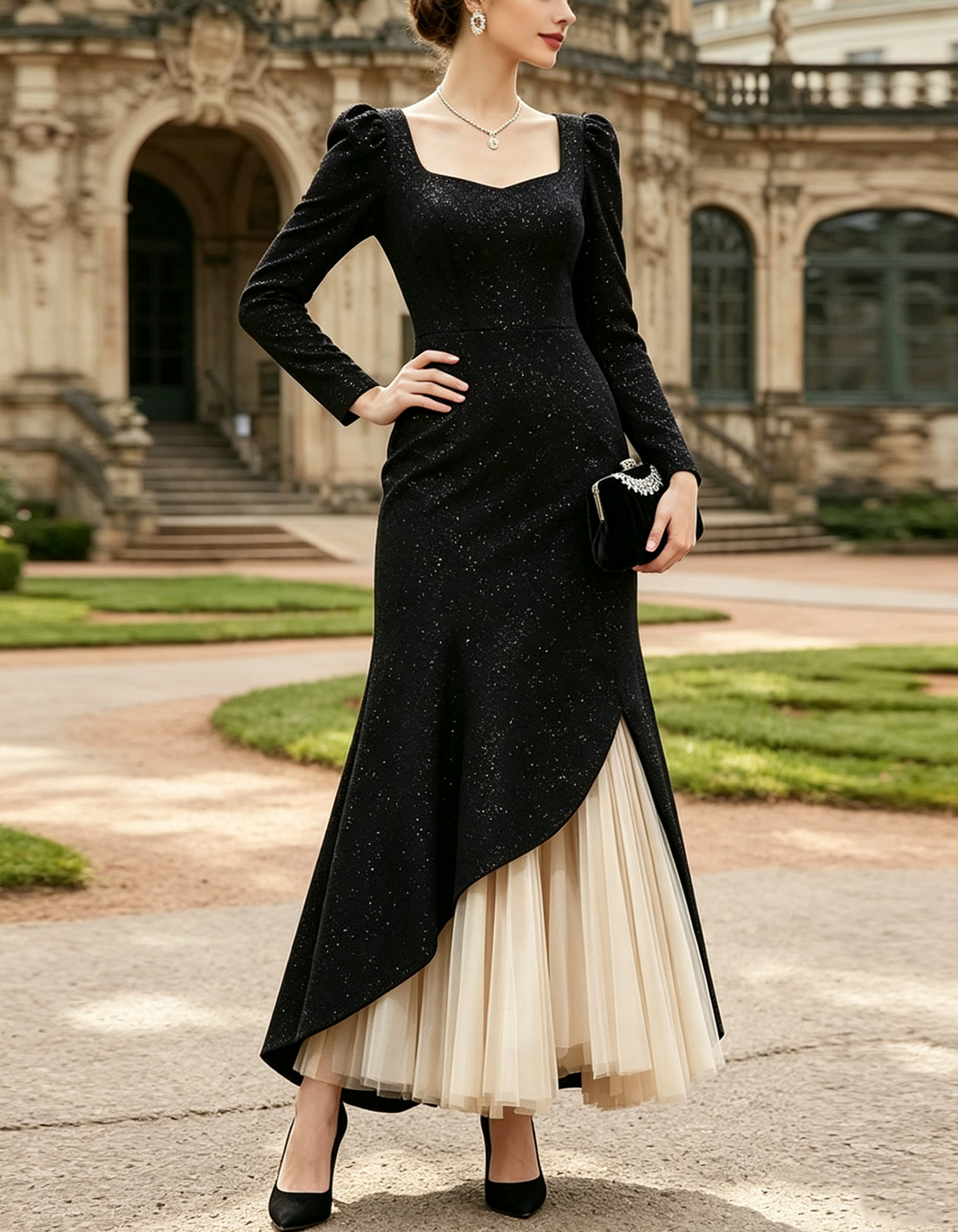 Black Square-neck Long-sleeve Velvet Top With Subtle Shimmer Maxi Dress