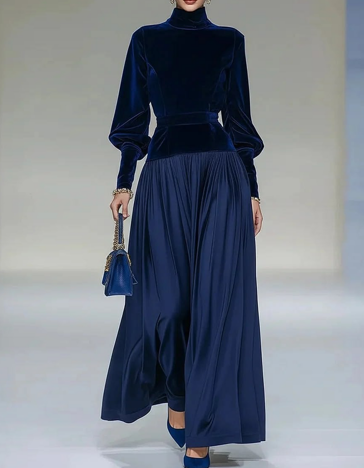 High Neck Balloon Sleeve Velvet Maxi Dress