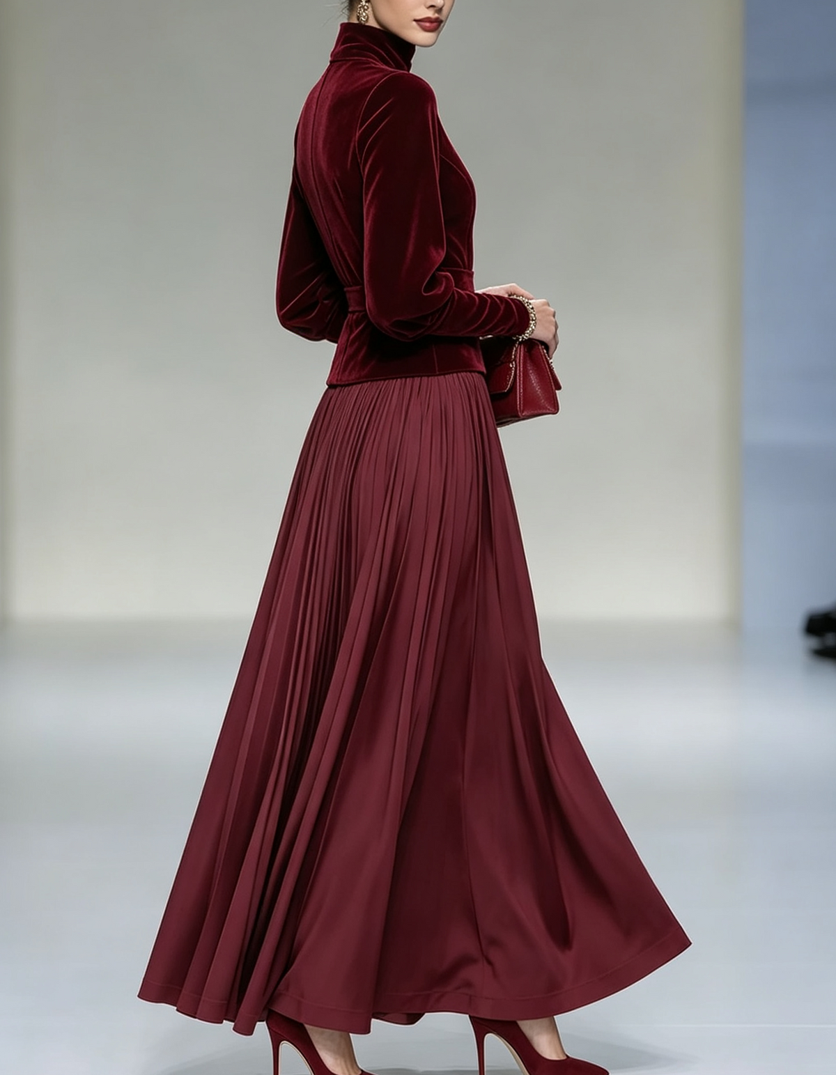 High Neck Balloon Sleeve Velvet Maxi Dress
