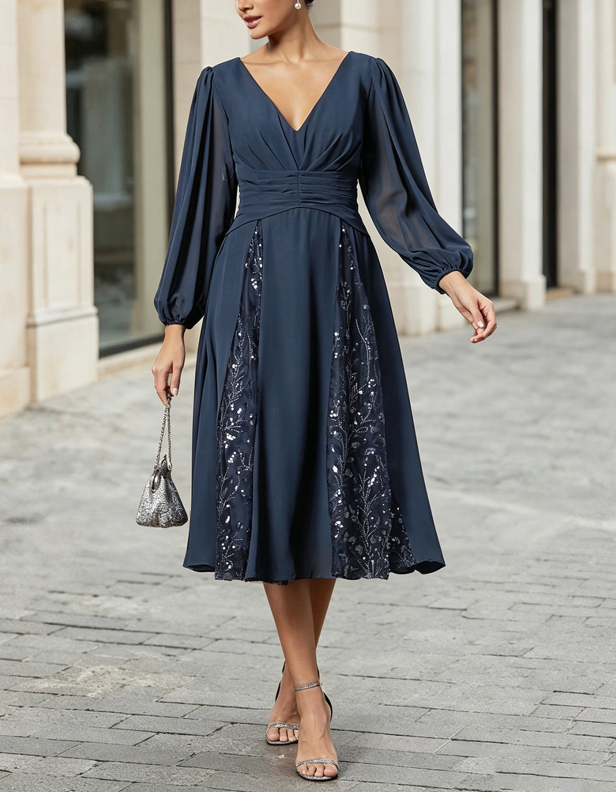 Dark Blue Chiffon V-Neck Sequined Lace Midi Dress