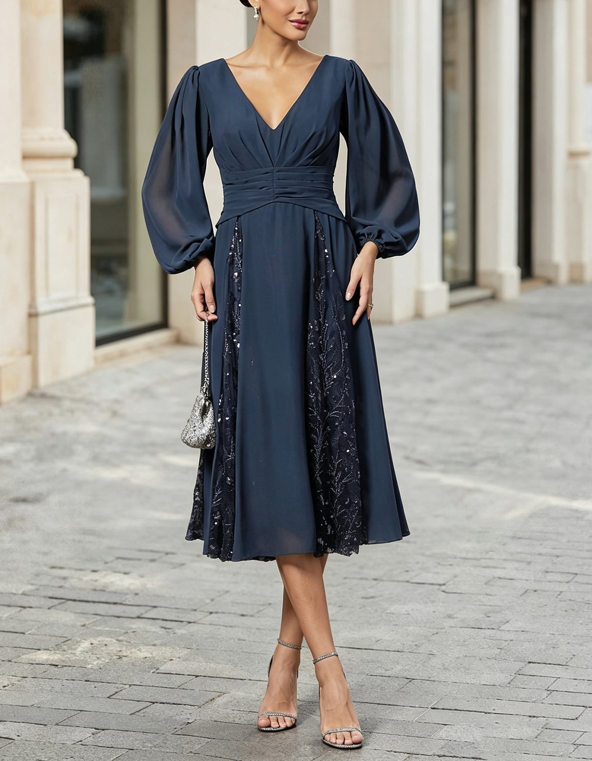 Dark Blue Chiffon V-Neck Sequined Lace Midi Dress