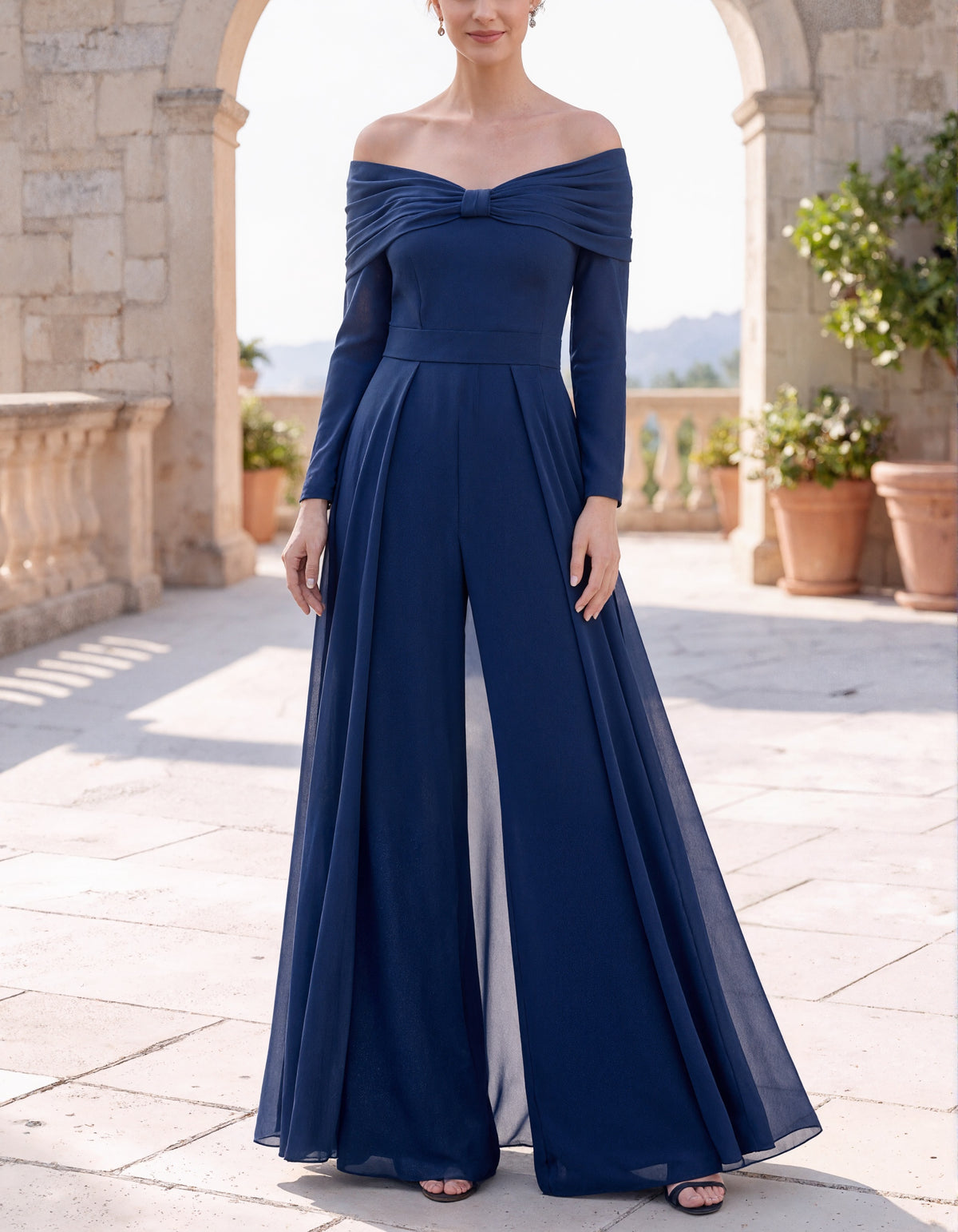 Blue Off The Shoulder Chiffon Formal Jumpsuit