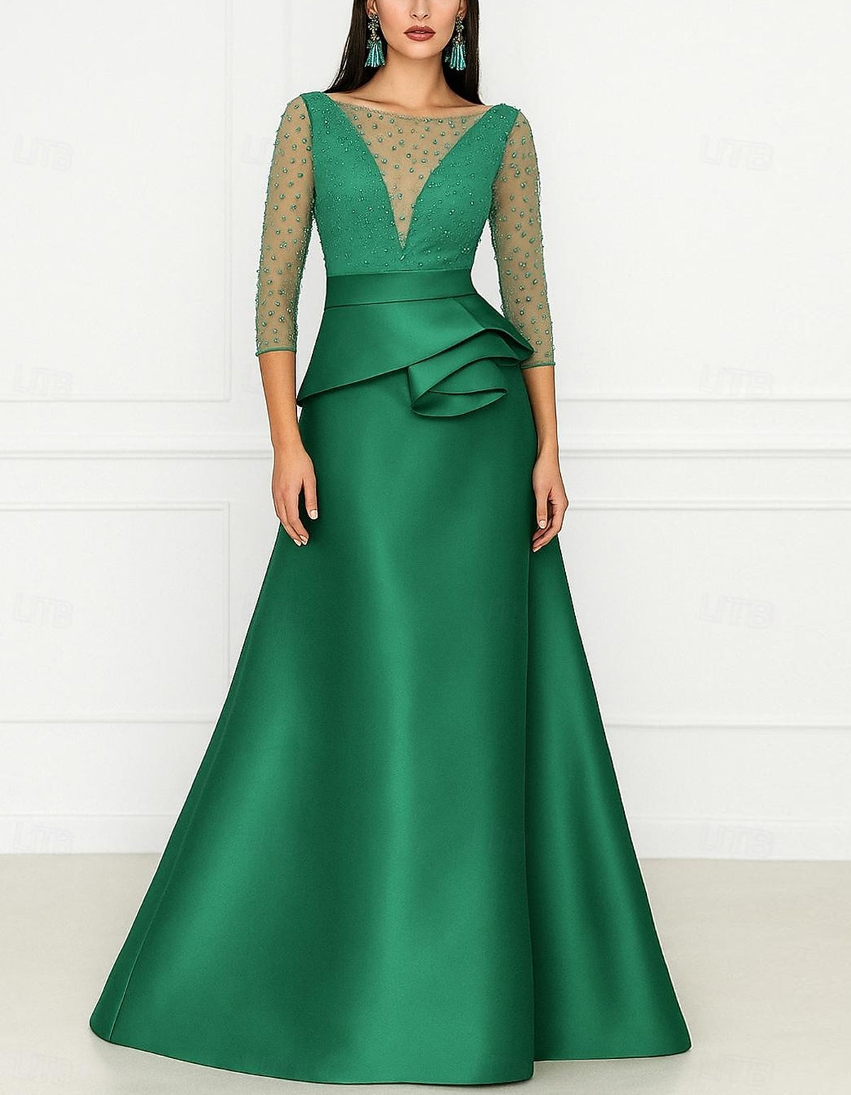 Solid Color Satin Sheer V-Neck Polka Dot Piece Maxi Dress