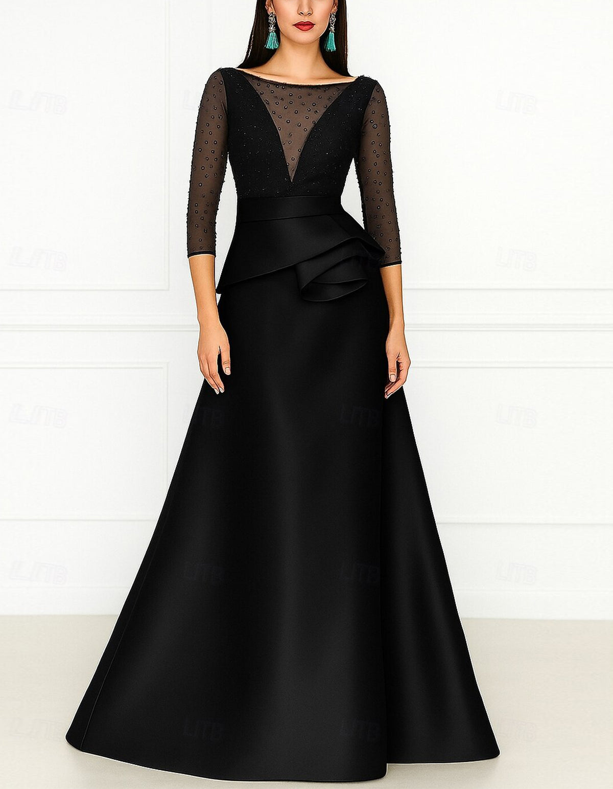 Solid Color Satin Sheer V-Neck Polka Dot Piece Maxi Dress