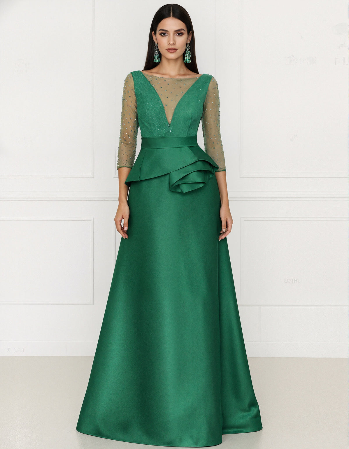 Solid Color Satin Sheer V-Neck Polka Dot Piece Maxi Dress