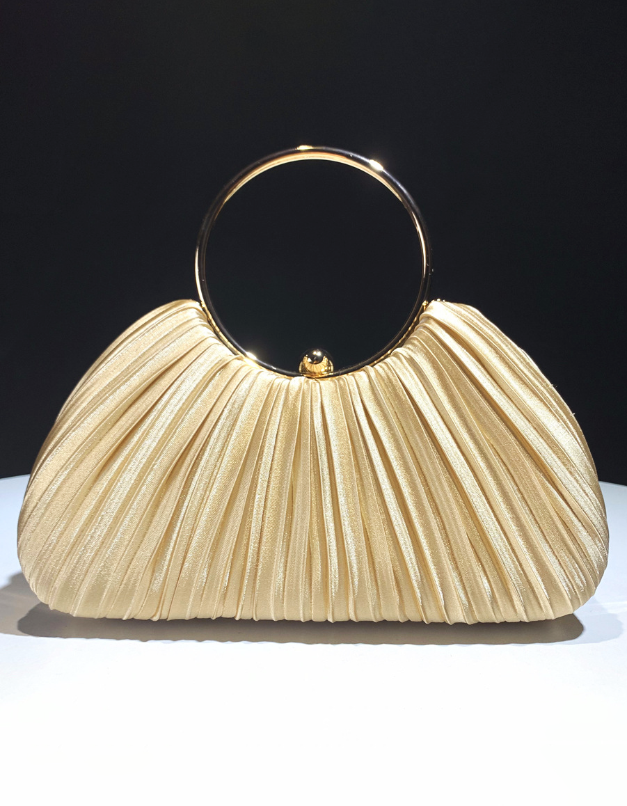 Champagne Satin Pleated Ring Handle Evening Clutch Bag for Women Wedding Party