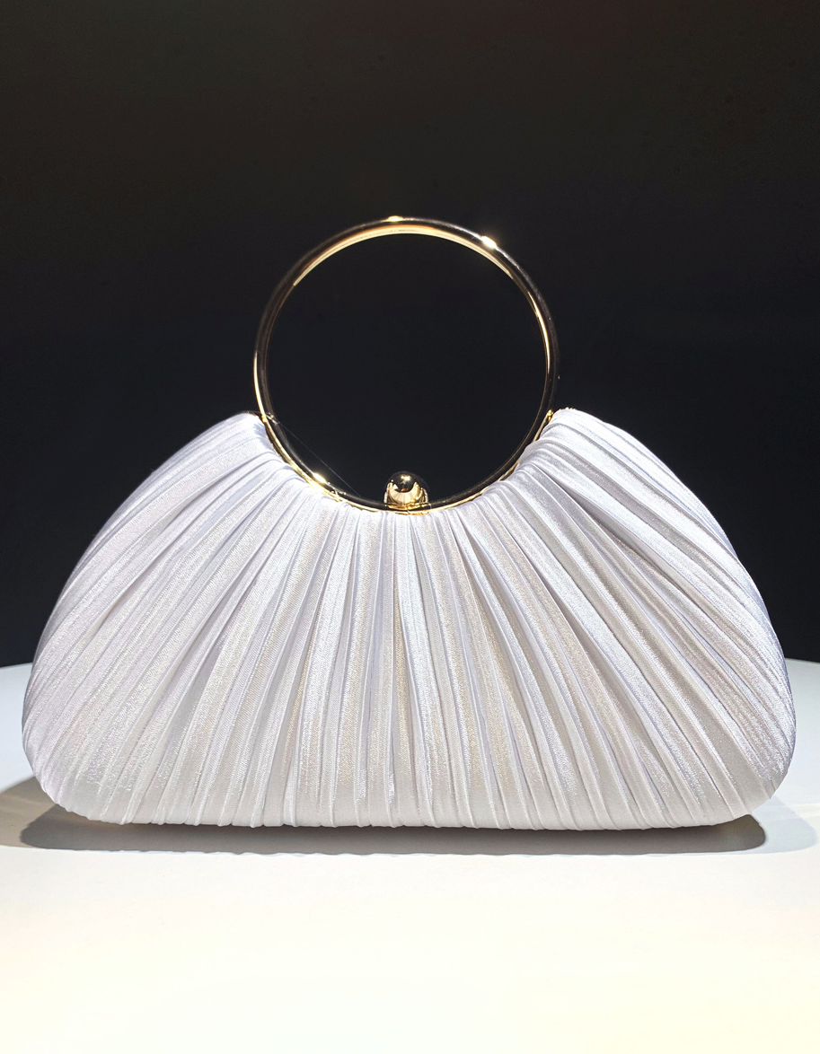 Champagne Satin Pleated Ring Handle Evening Clutch Bag for Women Wedding Party
