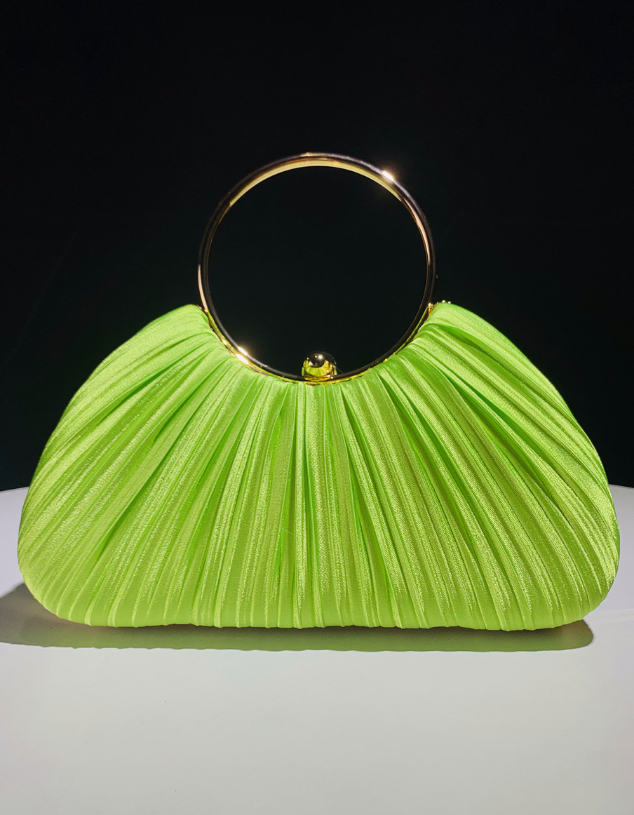 Champagne Satin Pleated Ring Handle Evening Clutch Bag for Women Wedding Party