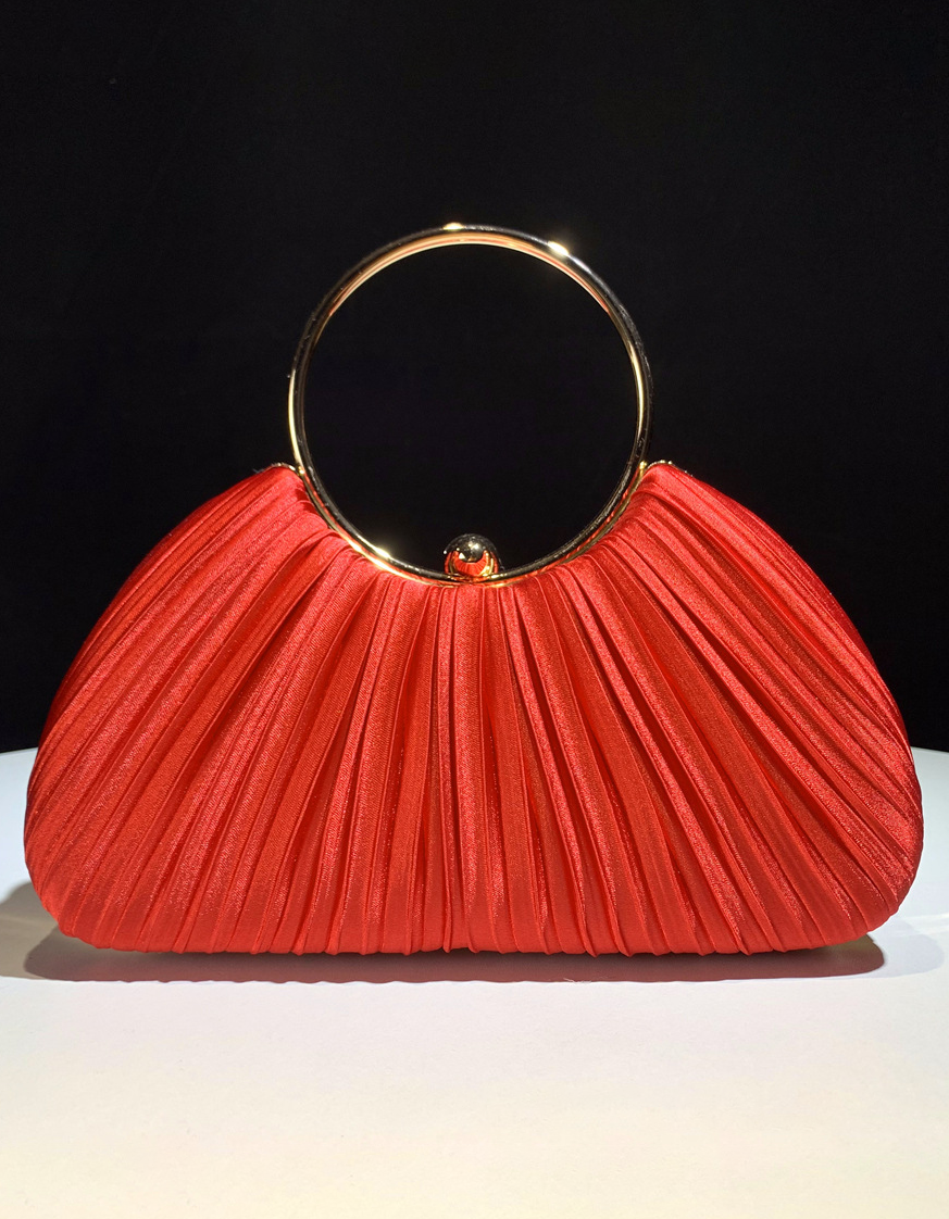 Champagne Satin Pleated Ring Handle Evening Clutch Bag for Women Wedding Party