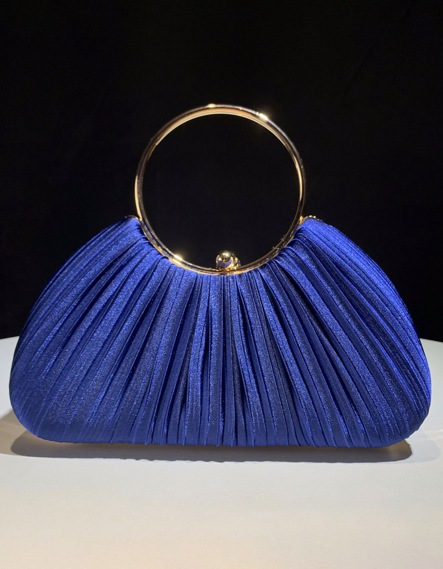 Champagne Satin Pleated Ring Handle Evening Clutch Bag for Women Wedding Party