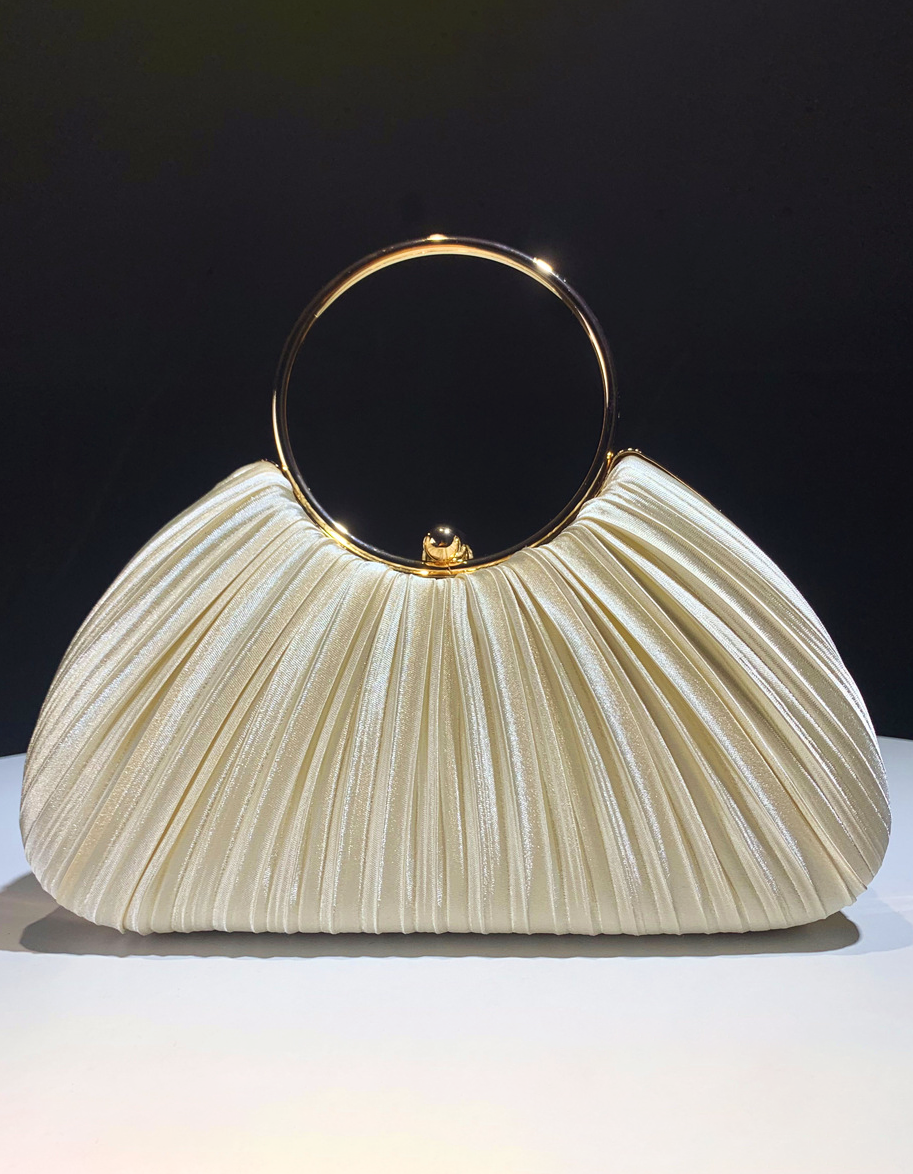 Champagne Satin Pleated Ring Handle Evening Clutch Bag for Women Wedding Party