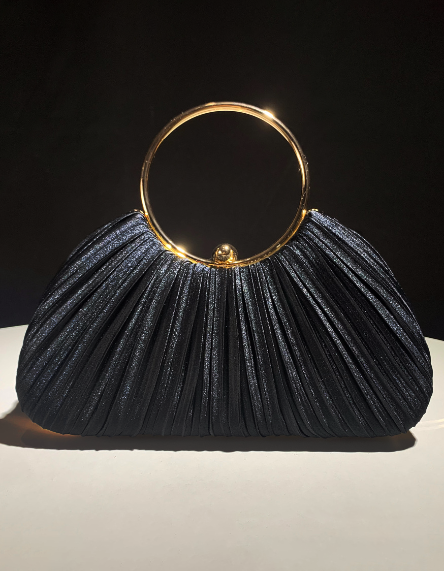 Champagne Satin Pleated Ring Handle Evening Clutch Bag for Women Wedding Party