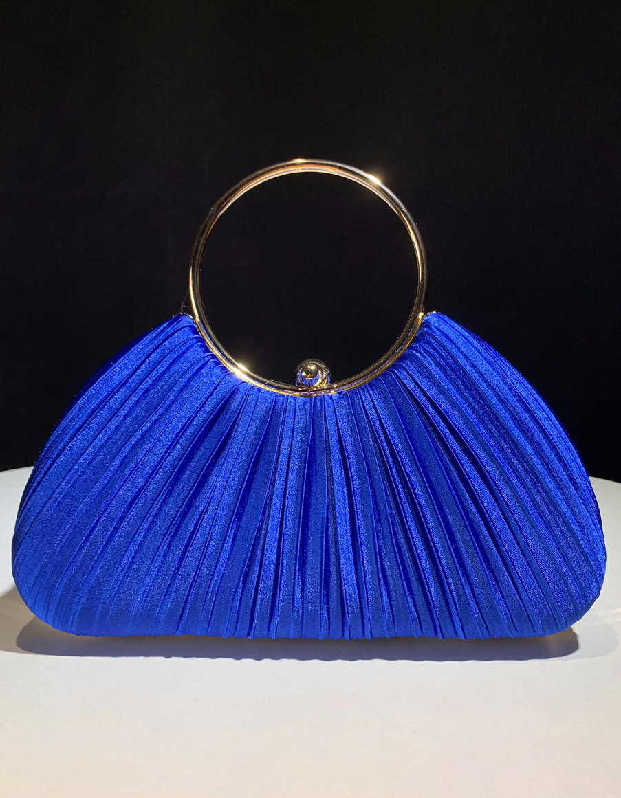 Champagne Satin Pleated Ring Handle Evening Clutch Bag for Women Wedding Party
