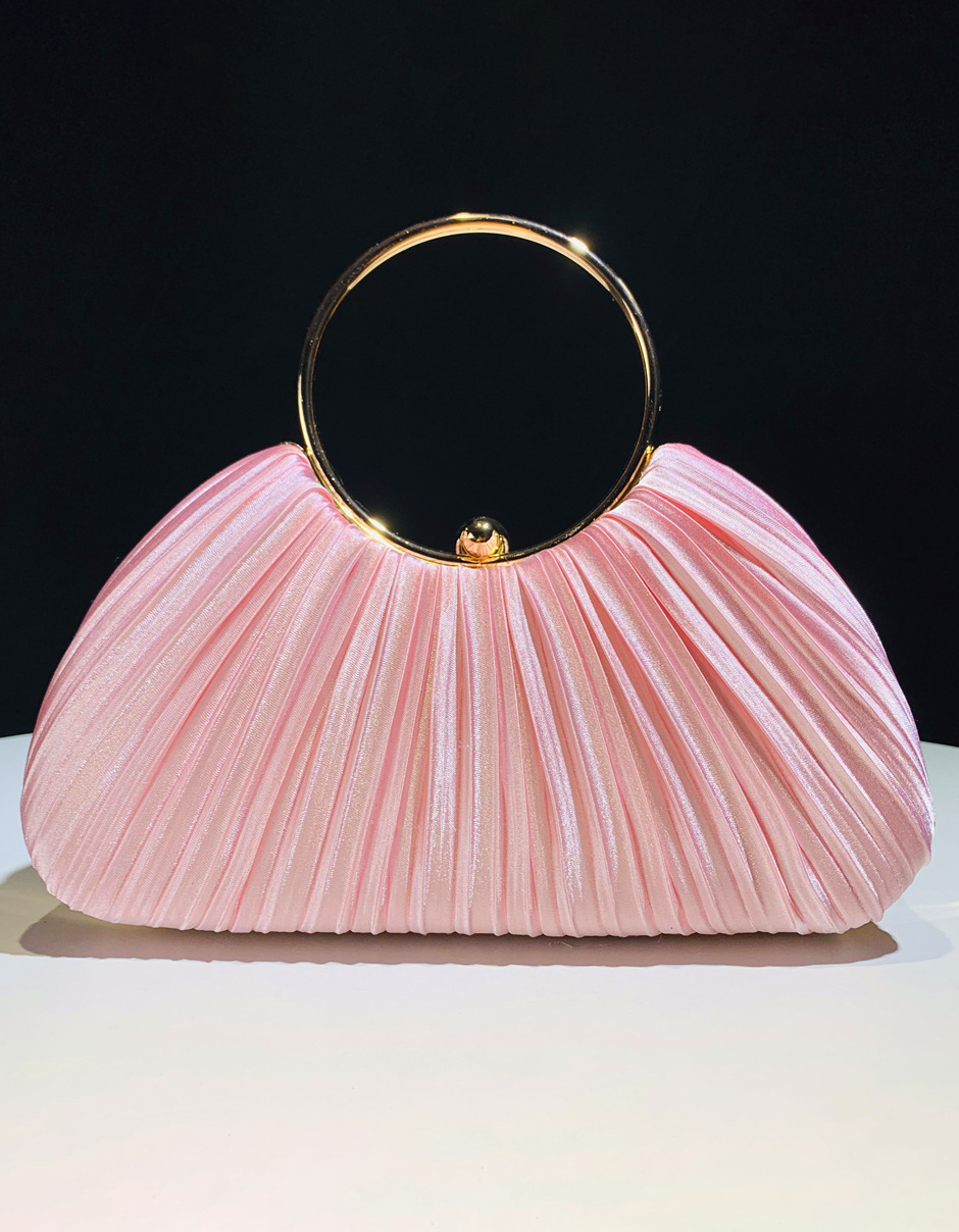 Champagne Satin Pleated Ring Handle Evening Clutch Bag for Women Wedding Party