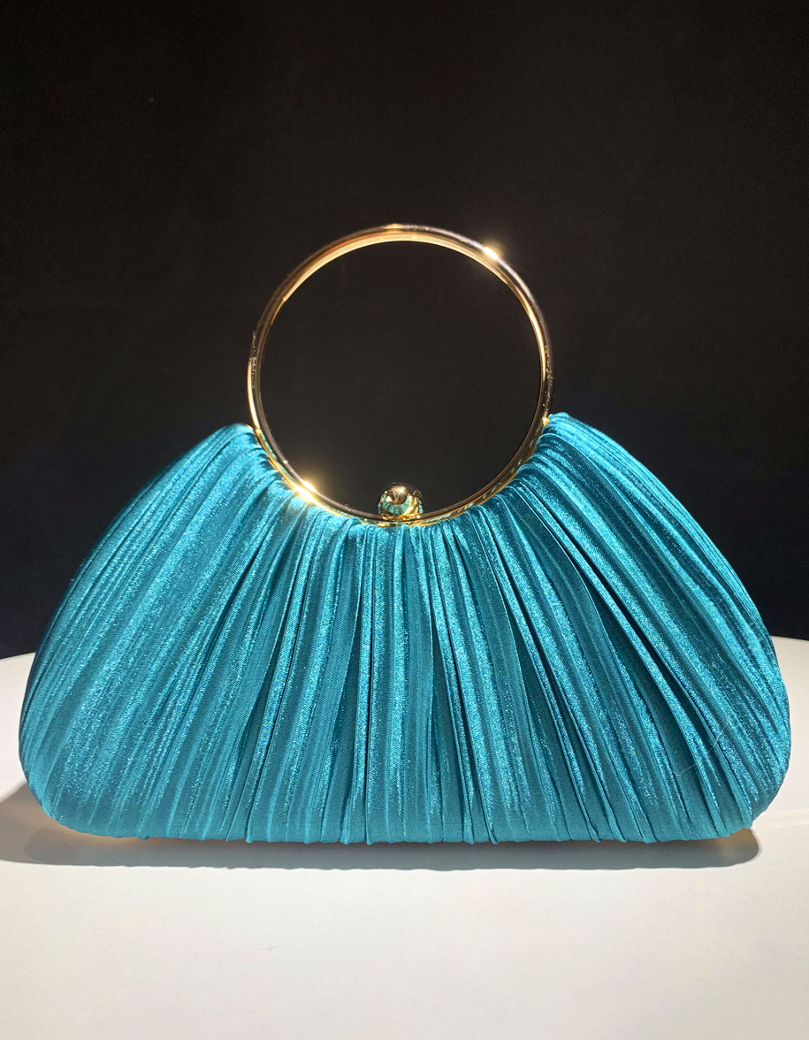 Champagne Satin Pleated Ring Handle Evening Clutch Bag for Women Wedding Party