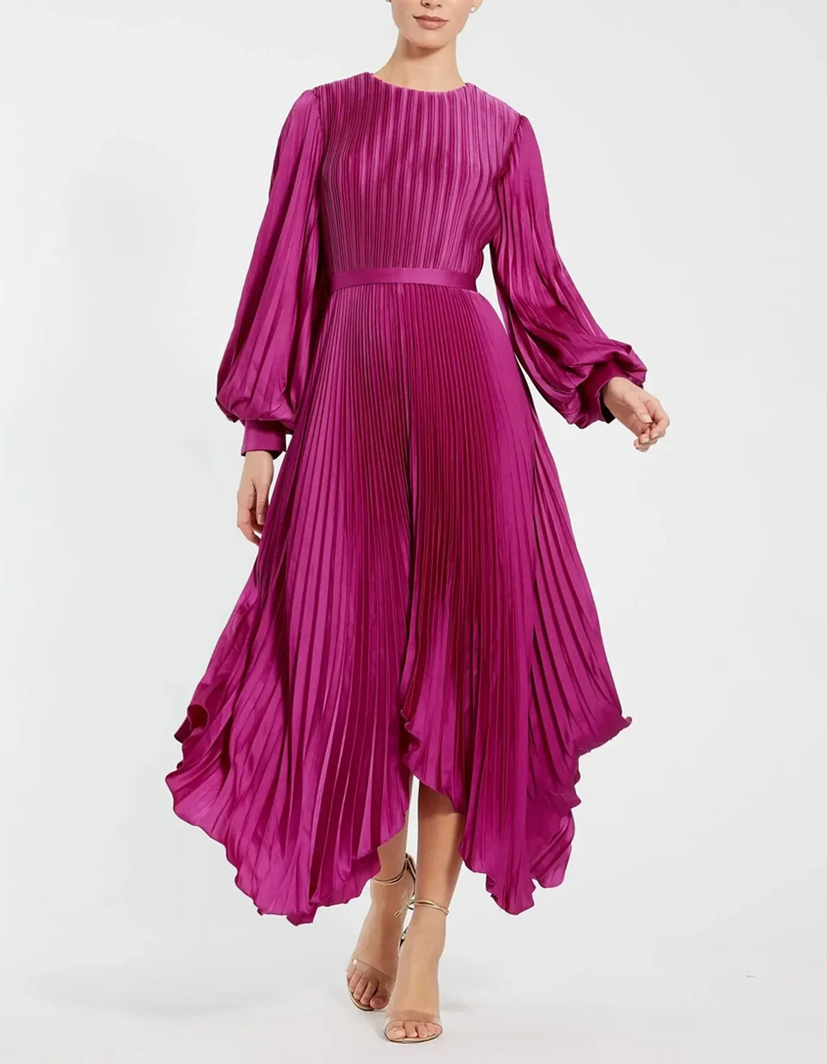 Pleated Satin with Balloon Long Sleeves & Asymmetric Midi Dress
