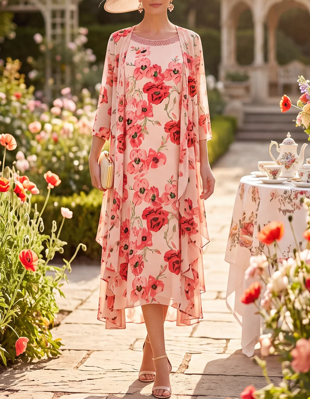 Chiffon Floral Print Round Neck Sleeveless A-Line Midi Dress + Jacket 2 Piece Set