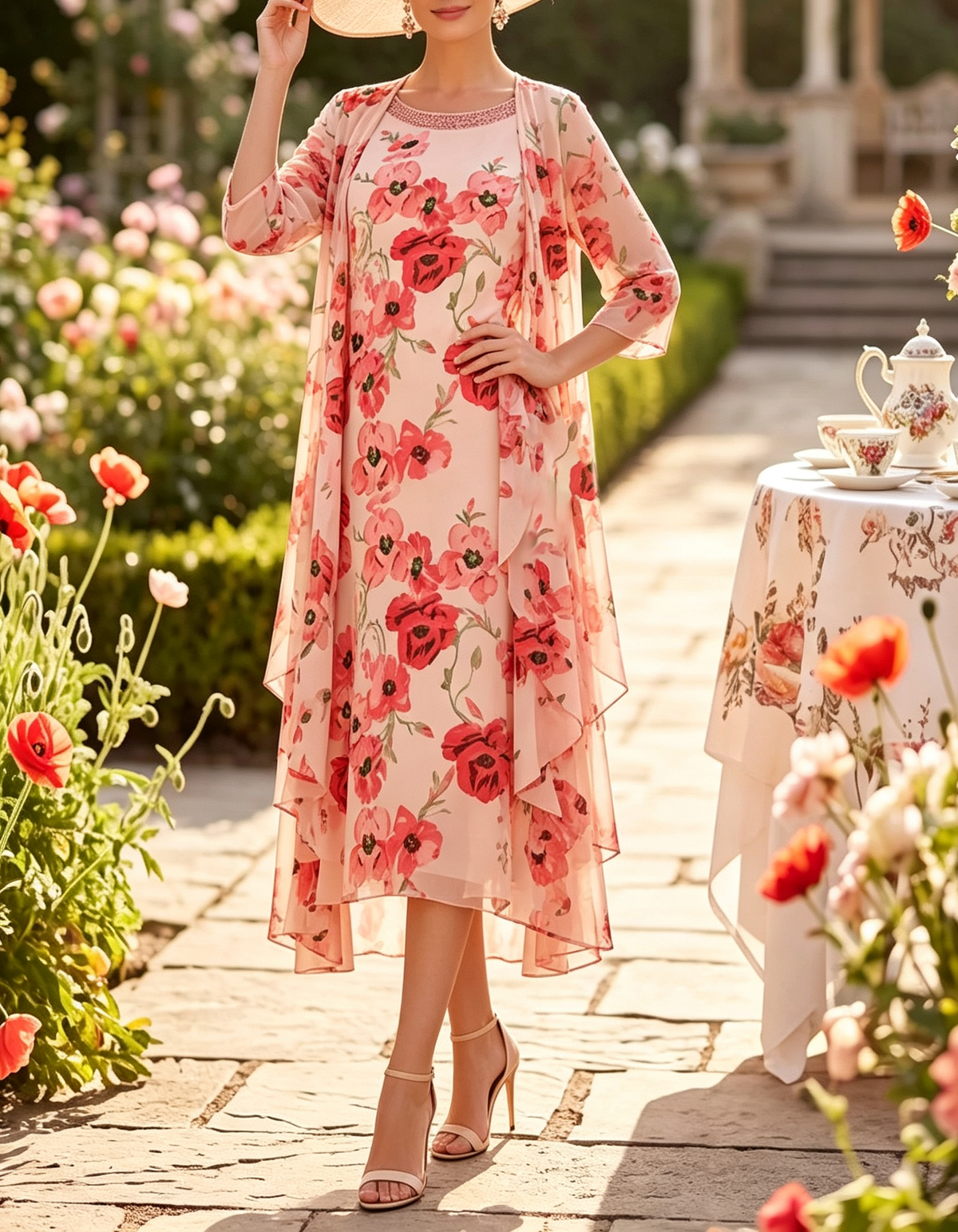 Chiffon Floral Print Round Neck Sleeveless A-Line Midi Dress + Jacket 2 Piece Set