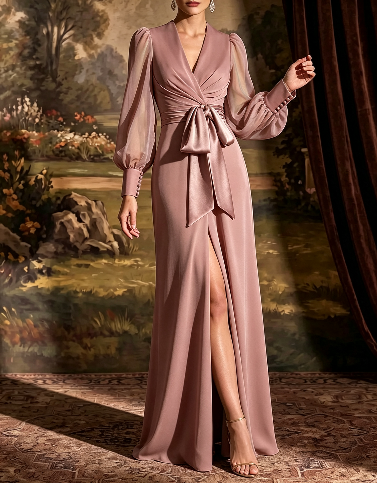 V Neck Chiffon Puff Sleeve Satin Tie Waist Slit A-Line Evening Maxi Dress