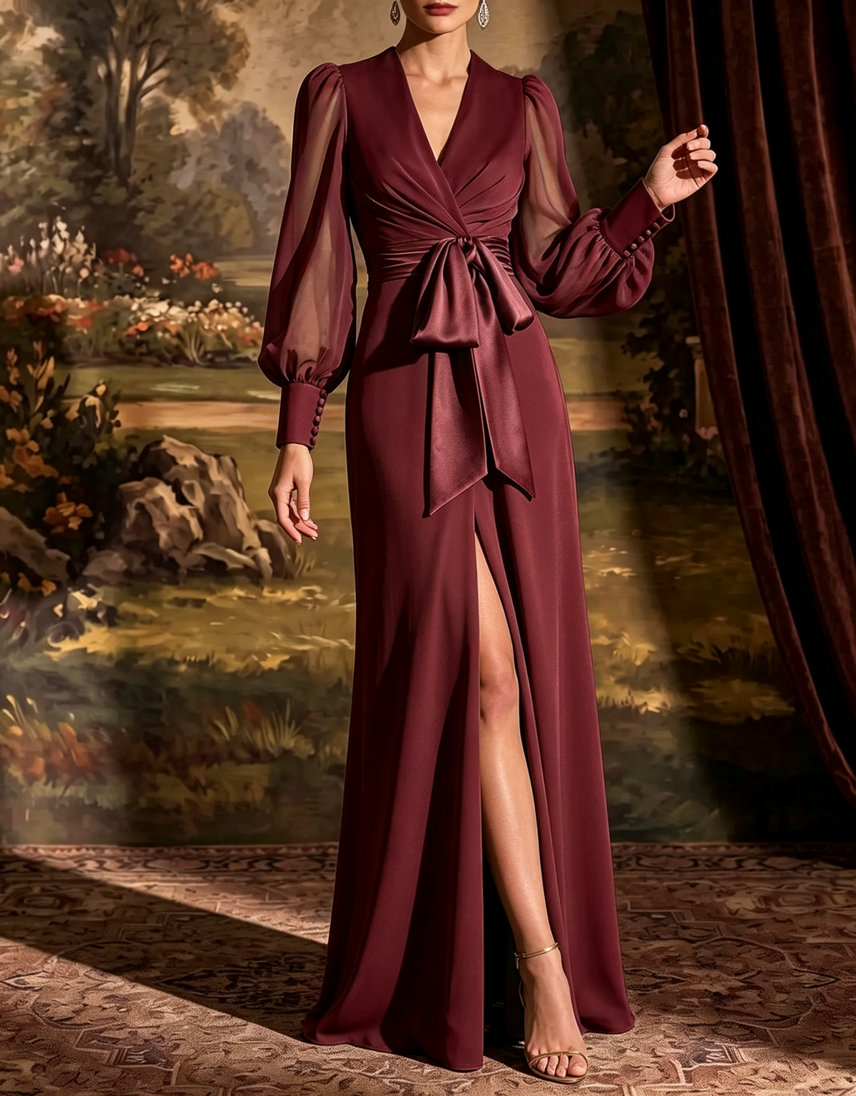 V Neck Chiffon Puff Sleeve Satin Tie Waist Slit A-Line Evening Maxi Dress