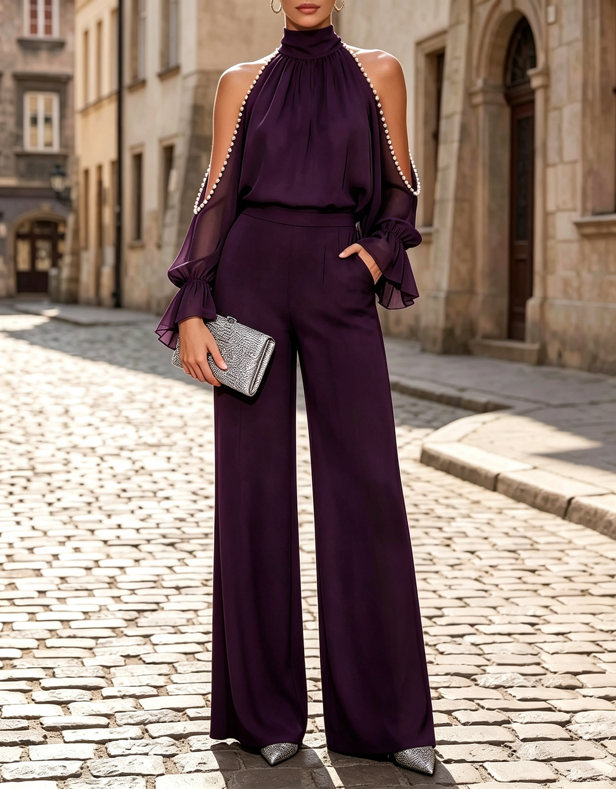 Halter Chiffon Pearl Trim Cold Shoulder Long Sleeve Wide Leg Formal Jumpsuit