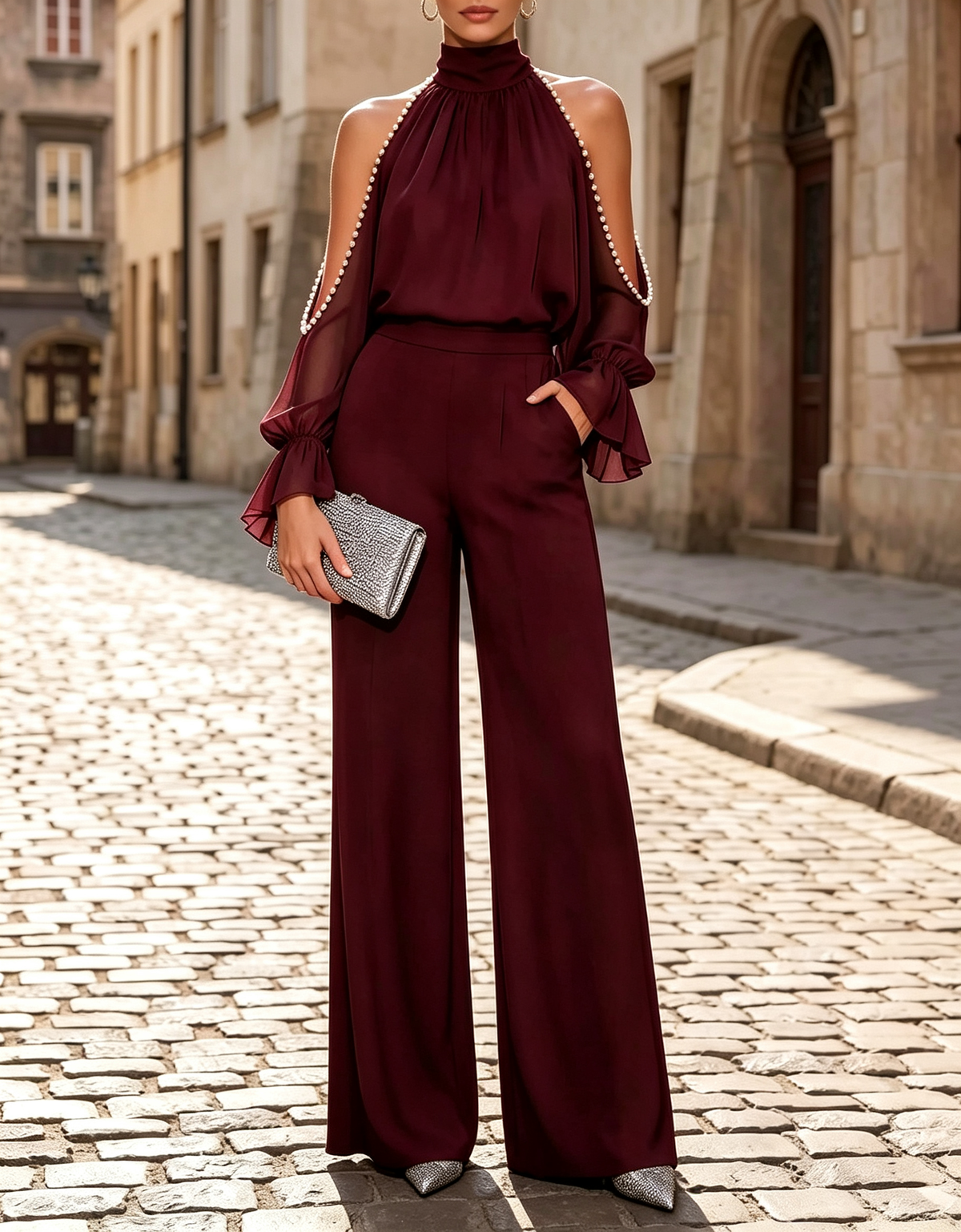 Halter Chiffon Pearl Trim Cold Shoulder Long Sleeve Wide Leg Formal Jumpsuit